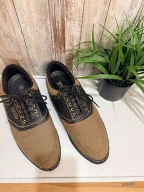 DUNLOP GOLF SHOES Tan/Black Nubuck Saddle Lace Up M5600C Leather sz 10